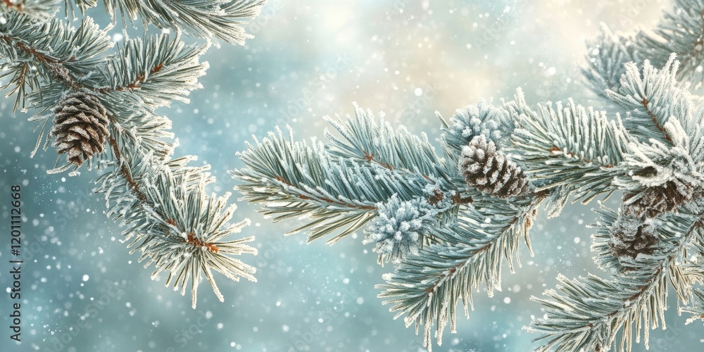 Frost-covered pine branches with pine cones on a soft blue background create a serene winter scene with falling snowflakes and a dreamy atmosphere. Frost-covered pine branches with pine cones on a soft blue background create a serene winter scene with falling snowflakes and a dreamy atmosphere.