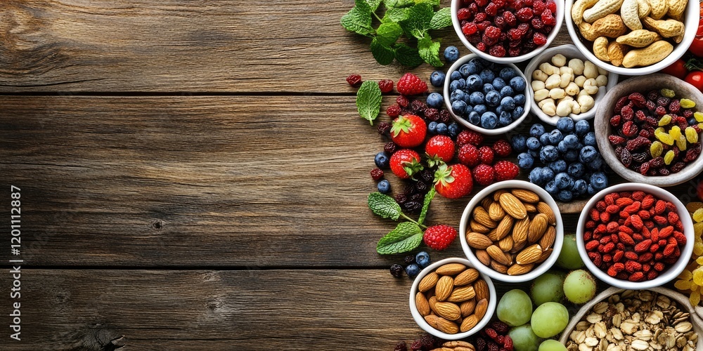 Nutritious snack spread on wooden table with bowls of berries nuts fruits and greenery arranged from top left with ample copy space on right Nutritious snack spread on wooden table with bowls of berries nuts fruits and greenery arranged from top left with ample copy space on right