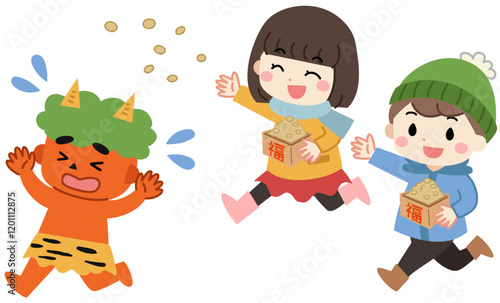 節分で鬼に豆まきをする子供たちのイラスト