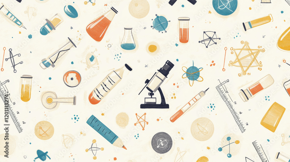 School and science supplies seamless pattern. Vector symbols of chemistry or biology microscope, chemistry beaker vials and atom formula, astronomy telescope or mathematics equation and geometry ruler School and science supplies seamless pattern. Vector symbols of chemistry or biology microscope, chemistry beaker vials and atom formula, astronomy telescope or mathematics equation and geometry ruler
