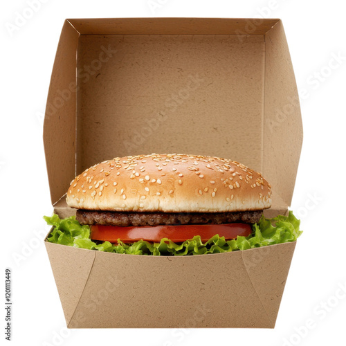 Food container template. Fresh burger in kraft paper clamshell container with lettuce