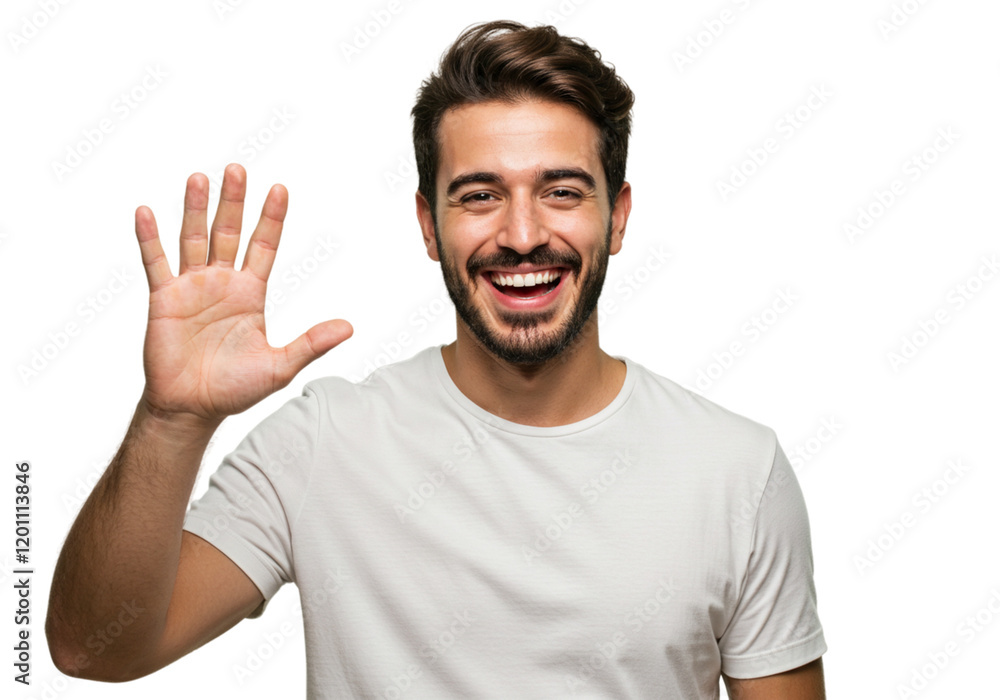 Happy Man Showing Five Fingers Positive Gesture Smiling White TShirt hand male face model black Happy Man Showing Five Fingers Positive Gesture Smiling White TShirt hand male face model black