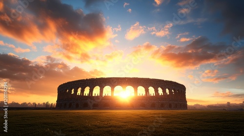 Silhouette of an ancient amphitheater at sunset.