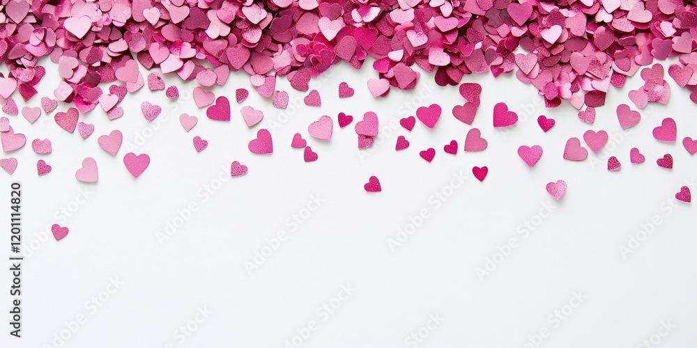 Heart-shaped confetti in shades of pink scattered across the top edge of a clean white background with ample space for personalized text below. Heart-shaped confetti in shades of pink scattered across the top edge of a clean white background with ample space for personalized text below.
