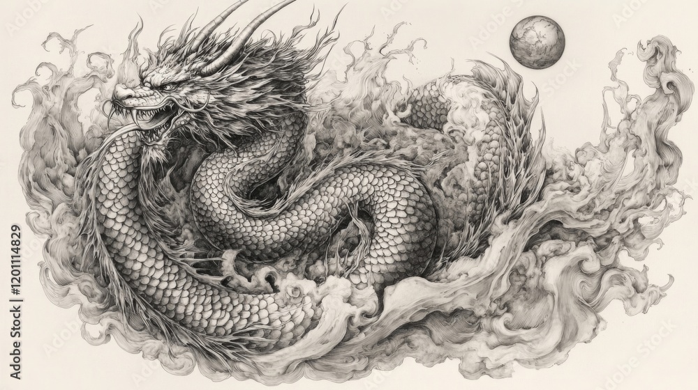 Obraz premium Majestic Dragon Ascending Through Celestial Clouds