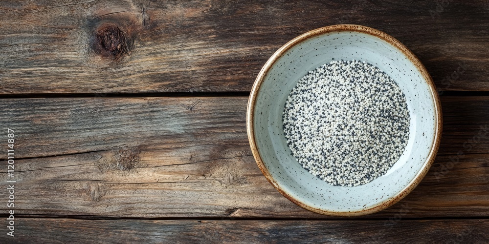 Bowl of white poppy seeds positioned on a rustic wooden table captured from above with natural textures and earthy tones creating a warm ambiance Bowl of white poppy seeds positioned on a rustic wooden table captured from above with natural textures and earthy tones creating a warm ambiance