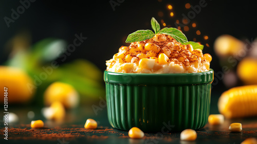 Brazilian Curau sweet corn pudding, garnished with cinnamon and styled with tropical decor, [South American desserts, wholesome charm] photo