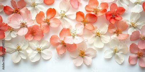 Cherry apricot and peach blossoms in soft pink and white hues scattered on a white background creating ample space for copy and design elements