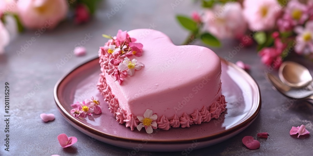 Heart-shaped pink cake adorned with delicate pink flowers on a soft pink plate surrounded by scattered petals and blurred floral background. Heart-shaped pink cake adorned with delicate pink flowers on a soft pink plate surrounded by scattered petals and blurred floral background.