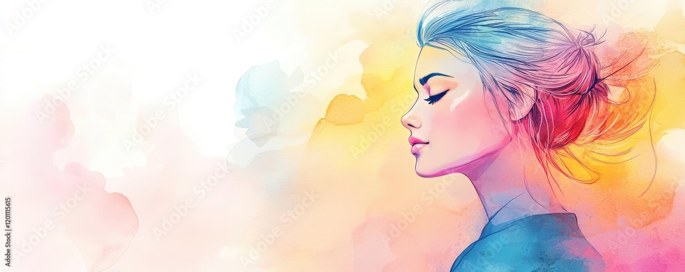 Framed watercolor concept. A serene profile of a woman surrounded by soft, colorful watercolor hues. Framed watercolor concept. A serene profile of a woman surrounded by soft, colorful watercolor hues.