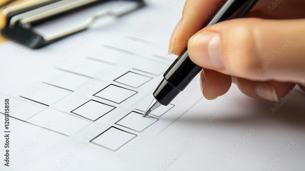Hand marking a checklist with a black pen. Hand marking a checklist with a black pen.