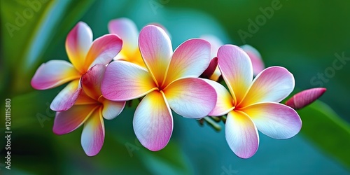 Wallpaper Mural Vibrant Plumeria flowers with pink and yellow petals beautifully arranged against a blurred green background highlighting tropical elegance Torontodigital.ca