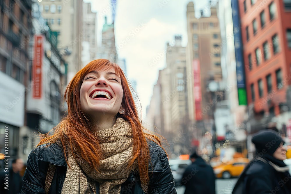 A carefree image of a woman with straight auburn hair, laughing as she walks through a city street. A carefree image of a woman with straight auburn hair, laughing as she walks through a city street.