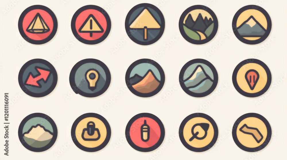 Topography and navigation isolated vector icons with topographic map, navigation pointers, road, highway and railroad, path, route and cross symbols. Navigation, adventure and discovery badges design Topography and navigation isolated vector icons with topographic map, navigation pointers, road, highway and railroad, path, route and cross symbols. Navigation, adventure and discovery badges design