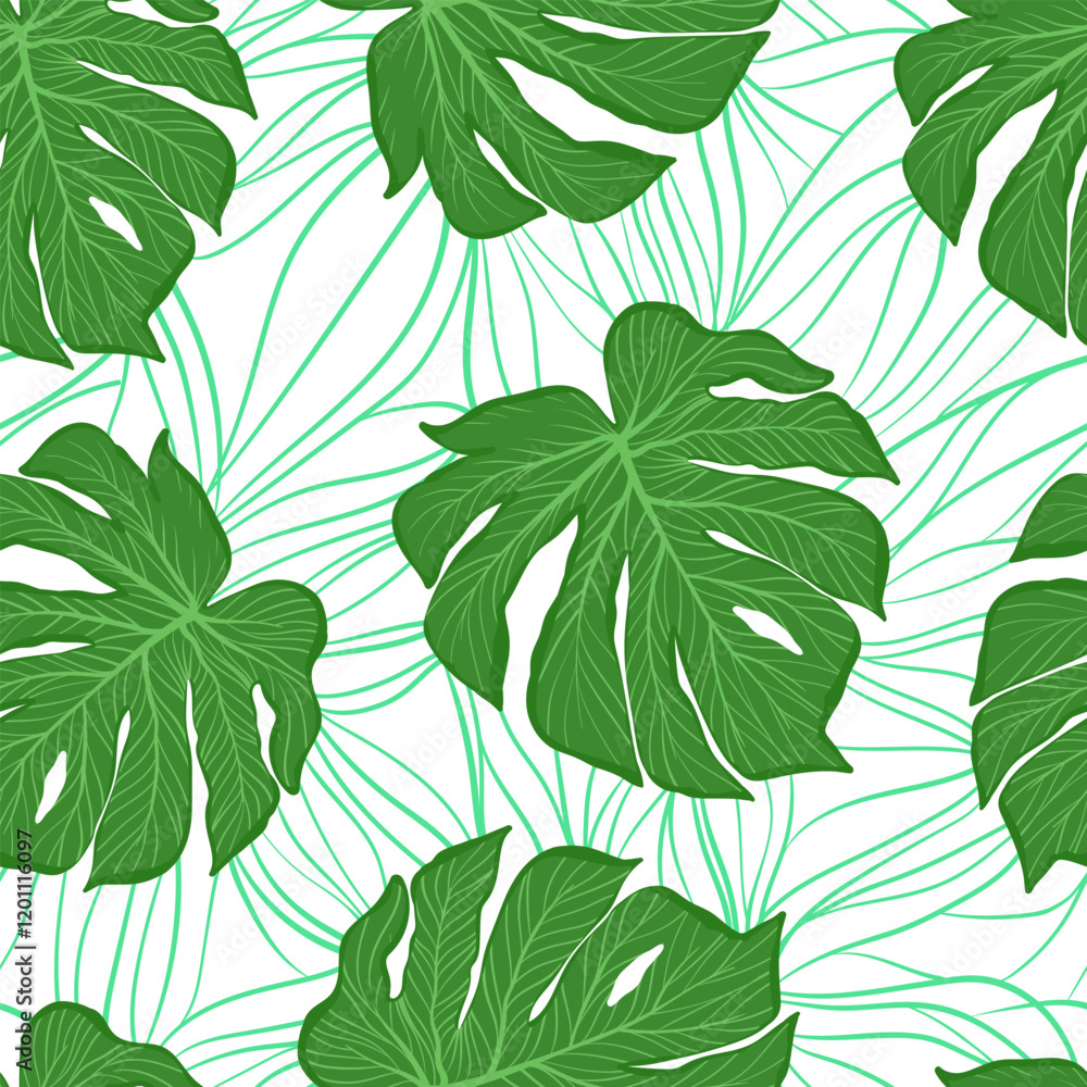 Fototapeta premium Tropical leaf vector background with monstera. Summer botanical pattern.