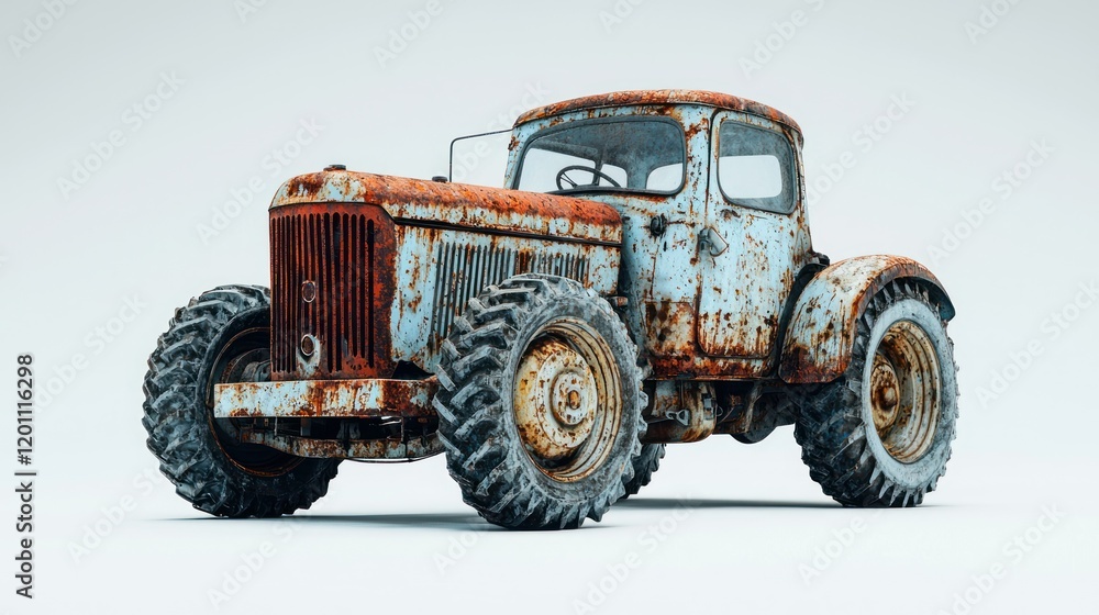 Rusty tractor studio shot, farm relic, white background Rusty tractor studio shot, farm relic, white background