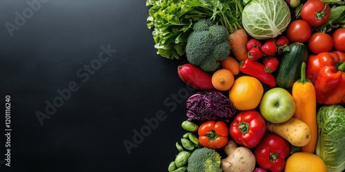 Fototapeta Naklejka Na Ścianę i Meble -  Colorful assortment of fresh vegetables and fruits arranged on a black background overhead view with ample copy space on the left side