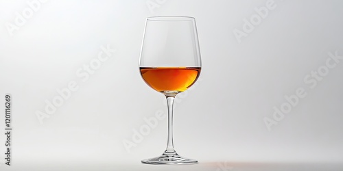 Elegant long-stemmed glass filled with amber orange wine positioned centrally against a soft gradient white backdrop showcasing simplicity