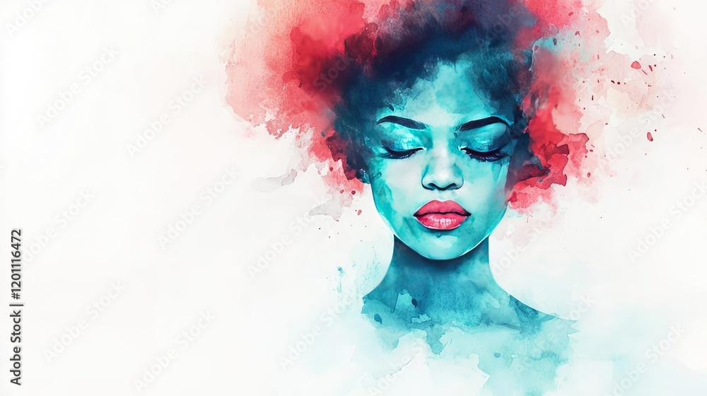 Fototapeta premium Framed watercolor concept. A vibrant watercolor portrait of a woman, showcasing beauty and tranquility.