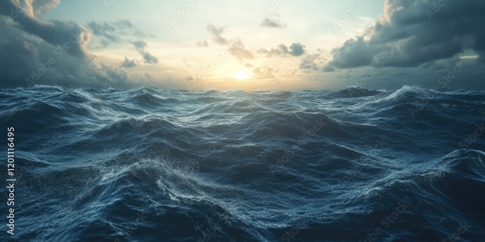 Obraz premium Serene ocean waves under a dramatic sky at sunset with dark blue waters in the foreground and golden light breaking through the clouds.
