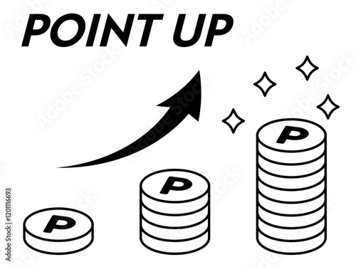 ポイントがコインとして積み重なり増加するモノクロイラスト　ポイントアップ・成長・達成のコンセプト