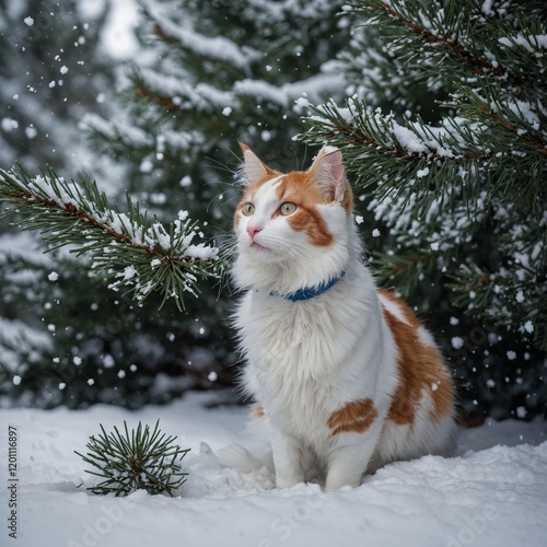 A Turkish Van playing with snowflakes under a snowy pine tree.