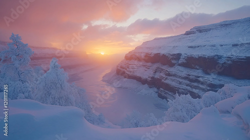 Grand canyon with luminous crystals embedded in the rocky cliffs at twilight  photo