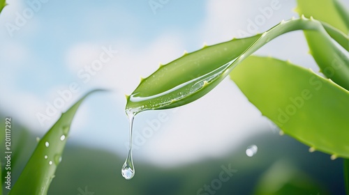 Organic aloe vera for skin healing. Close-up of a leaf with water droplets against a blurred background.