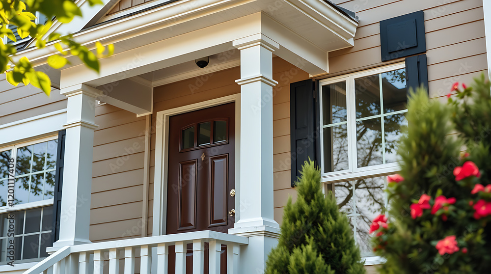 Fototapeta premium Elegant Home Exterior: Brown Door, White Columns, and Lush Landscaping. A perfect blend of classic and modern design, creating a welcoming and sophisticated curb appeal.
