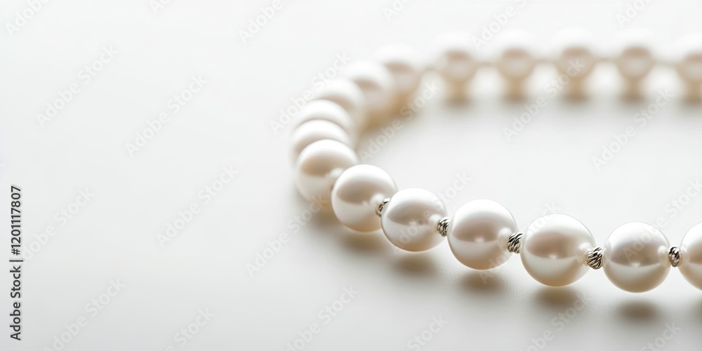Elegant pearl necklace elegantly arranged on a soft white surface creating ample copy space with subtle reflections and delicate details. Elegant pearl necklace elegantly arranged on a soft white surface creating ample copy space with subtle reflections and delicate details.