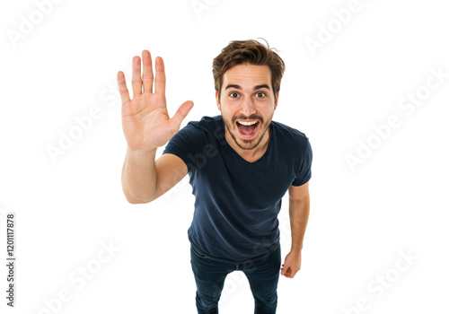 Excited Man Raising Hand Happy Gesture Positive Energy Smiling Guy Casual Portrait Studio Shot Black