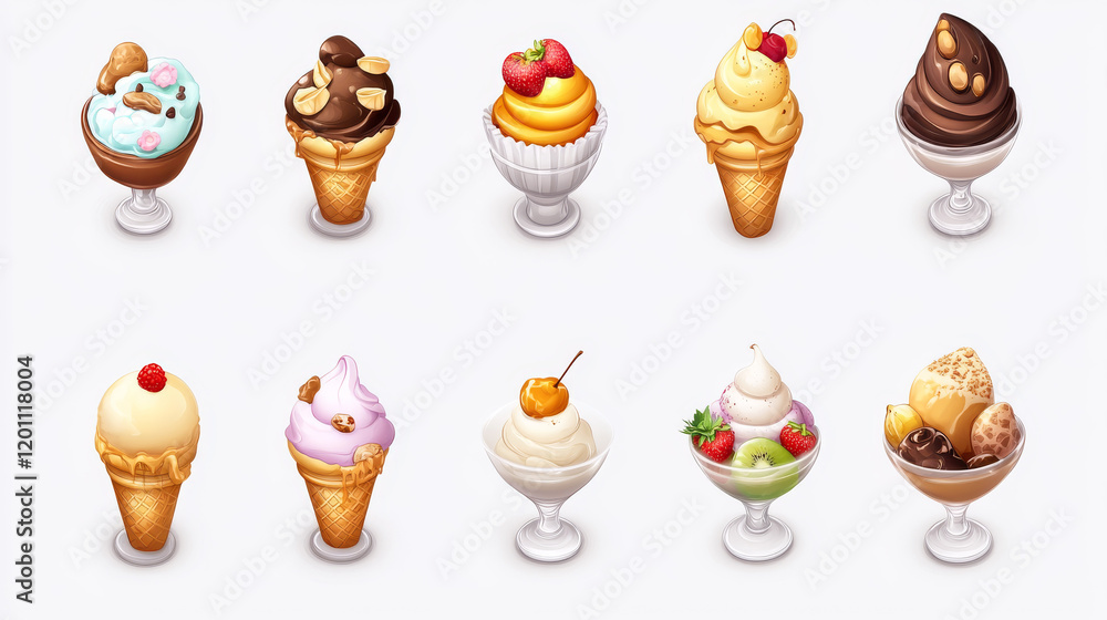 Ice cream sketch icons, isolated vector frozen creamy desserts, gelato icecream, wafer cone. Caramel eskimo or chocolate glaze sundae with nuts, whipped cream, fruit ice, vanilla scoops in glass bowl Ice cream sketch icons, isolated vector frozen creamy desserts, gelato icecream, wafer cone. Caramel eskimo or chocolate glaze sundae with nuts, whipped cream, fruit ice, vanilla scoops in glass bowl