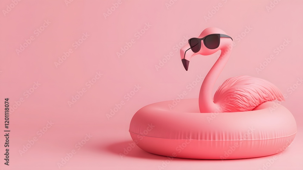 Obraz premium Pink flamingo in a pink inflatable ring wearing sunglasses