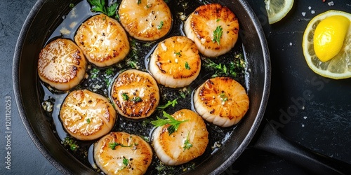 Pan-seared scallops arranged in a skillet with lemon slices on a dark background garnished with herbs and a buttery sauce glistening