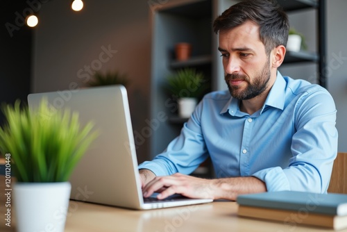 Focused Man Working on Laptop in Modern Workspace with Green Plants and Ambient Lighting for Productive Office Atmosphere