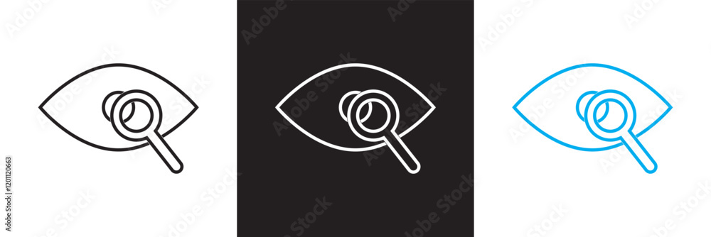 Magnifier with eye icon. Investigate concept symbol. Eye with magnifying glass. Appearance, aspect, look, view icon. isolated on white and black background. vector illustration. EPS 10 Magnifier with eye icon. Investigate concept symbol. Eye with magnifying glass. Appearance, aspect, look, view icon. isolated on white and black background. vector illustration. EPS 10