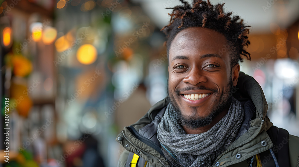 Smiling Black Man in Trendy Outdoor Setting with Bokeh Background Smiling Black Man in Trendy Outdoor Setting with Bokeh Background