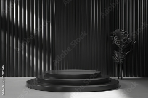 Elegant Black Indoor Space with Circular Stairs and Plant Display