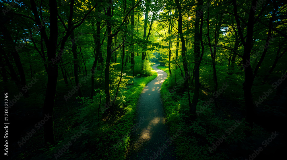 Obraz premium Sunbeams piercing through trees in a green forest with a trail 
