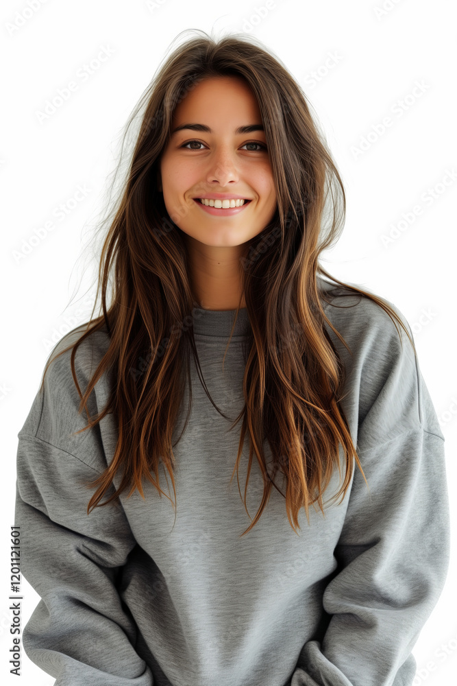 Smiling Woman in Crewneck Sweater, Full-Body Studio Portrait Smiling Woman in Crewneck Sweater, Full-Body Studio Portrait