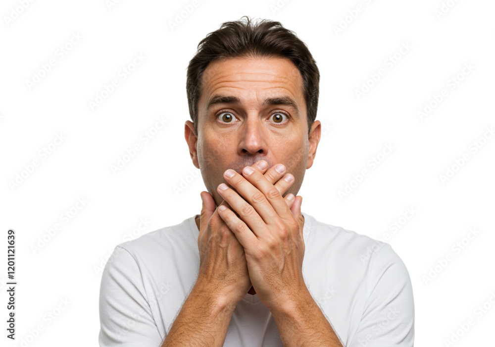 Shocked Man Covering Mouth Hands Gesture Surprise Studio Portrait Face Male Fear Adult Human Image Shocked Man Covering Mouth Hands Gesture Surprise Studio Portrait Face Male Fear Adult Human Image
