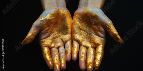 Female hands with golden paint opened palm facing up isolated on a smooth black background showcasing elegance and artistry in golden hues photo