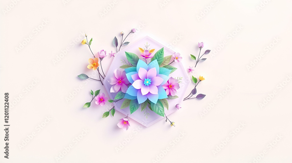 Fototapeta premium 3D realistic spring flowers illustration, Brightly colored flowers on a white background .