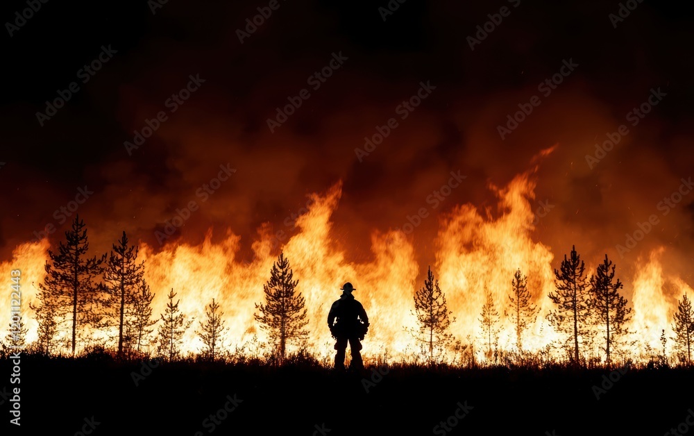 Obraz premium A firefighter silhouetted against a blazing wildfire in a dense forest, heavy smoke swirling, emphasizing bravery amidst chaos