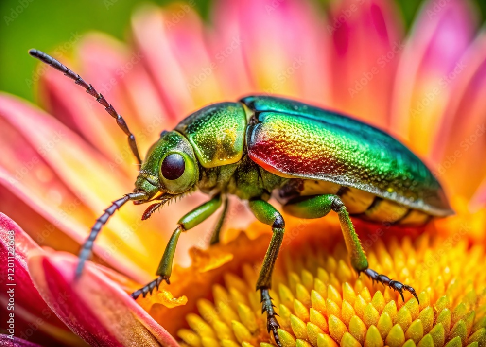 Naklejka premium Golden Willow Flea Beetle on Flower - Macro Photography