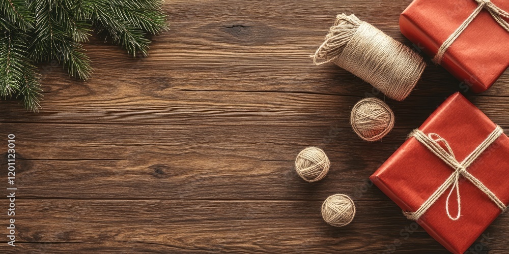 Fototapeta premium Festive red gift boxes tied with twine, arranged with twine rolls and a spruce branch on a rustic wooden surface, ample copy space on the right.