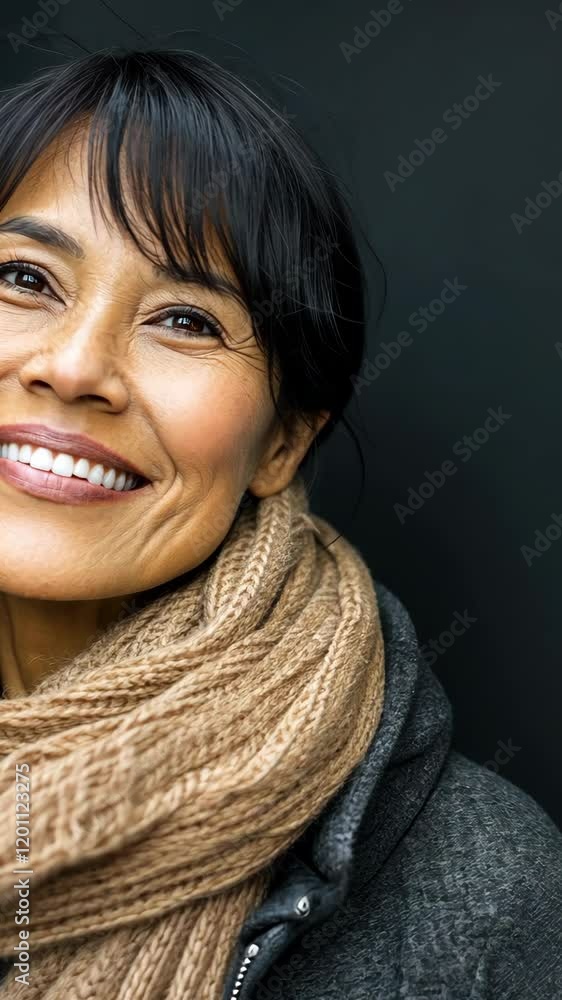 Smiling woman with a scarf showcases joy and confidence in a close-up portrait Smiling woman with a scarf showcases joy and confidence in a close-up portrait
