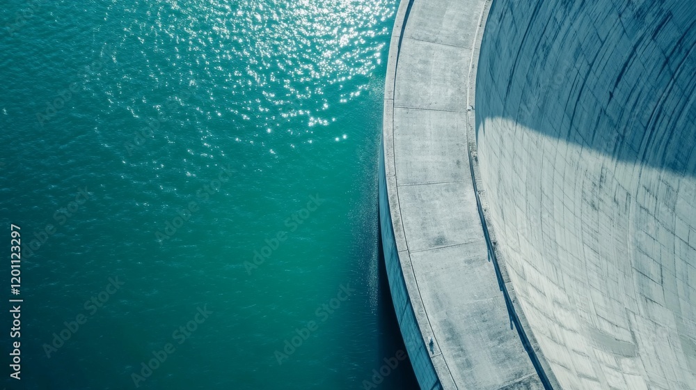 Aerial view concrete dam curve, pristine turquoise water surface, sparkling water ripples, minimalist architectural lines, smooth concrete texture, industrial infrastructure photography, crystalline Aerial view concrete dam curve, pristine turquoise water surface, sparkling water ripples, minimalist architectural lines, smooth concrete texture, industrial infrastructure photography, crystalline