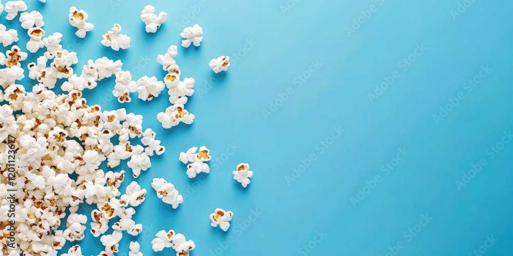 Scattered popcorn on a vibrant blue backdrop with ample empty space for text on the right side creating a clean and minimalistic look Scattered popcorn on a vibrant blue backdrop with ample empty space for text on the right side creating a clean and minimalistic look