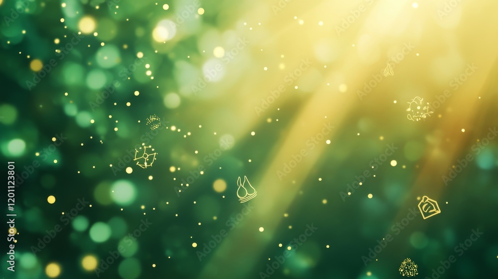 Ethereal bokeh background, floating environmental icons, emerald green gradient, glowing eco symbols, soft golden sunburst, dreamy particle effects, abstract sustainability concept, modern digital Ethereal bokeh background, floating environmental icons, emerald green gradient, glowing eco symbols, soft golden sunburst, dreamy particle effects, abstract sustainability concept, modern digital